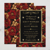 Invitation Marbre rouge noir et or Mariage floral (Devant / Derrière)