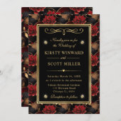 Invitation Marbre rouge noir et or Mariage floral (Devant / Derrière)