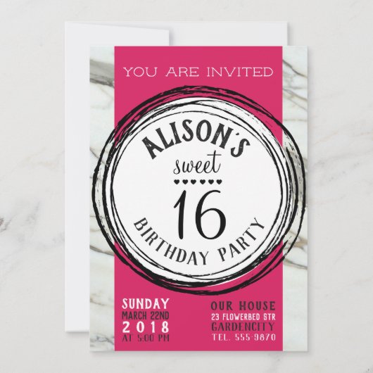 Invitation Marbre tendance rose fuchsia adolescent doux 16 ca (Dos)