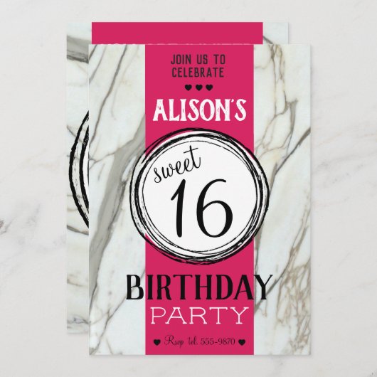 Invitation Marbre tendance rose fuchsia adolescent doux 16 ca (Devant / Derrière)