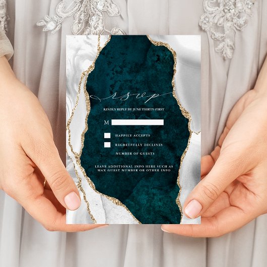 Invitation Marbre turquoise, Blanc & Or Agate Wedding RSVP