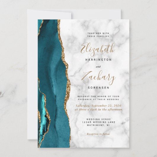 Invitation Marbre Turquoise or Agate QR Code Mariage (Devant)