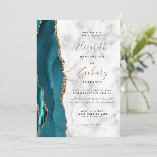 Invitation Marbre Turquoise or Agate QR Code Mariage (Debout devant)