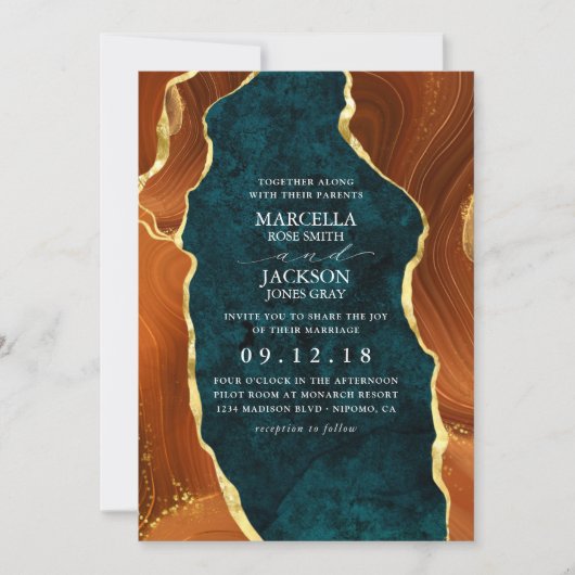Invitation Marbre turquoise, Orange Brûlé & Or Agate (Devant)
