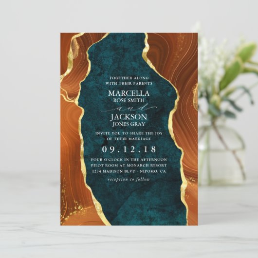 Invitation Marbre turquoise, Orange Brûlé & Or Agate (Debout devant)