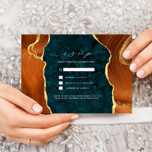Invitation Marbre turquoise, Orange Brûlé & Or Agate RSVP