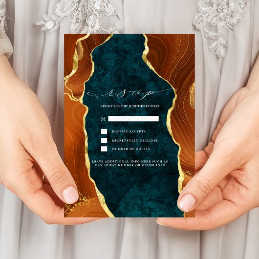 Invitation Marbre turquoise, Orange Brûlé & Or Agate RSVP