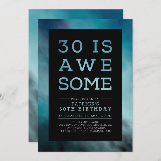 Invitation Marbre Turquoise Typographie moderne 30e fête d'an (Devant / Derrière)