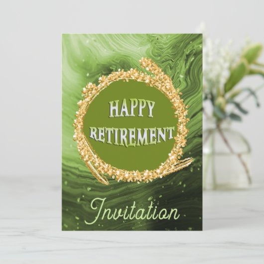 Invitation Marbre vert chic et or joyeuse retraite (Debout devant)