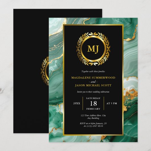 Invitation Marbre vert Gold Laurel Crest & Black Frame (Devant / Derrière)