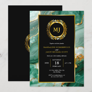 Invitation Marbre vert Gold Laurel Crest & Black Frame
