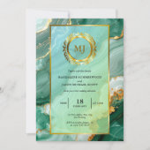 Invitation Marbre vert Gold Laurel Crest & Frame Mariage (Devant)