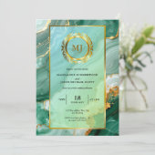 Invitation Marbre vert Gold Laurel Crest & Frame Mariage (Debout devant)