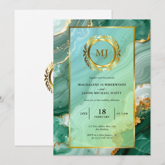 Invitation Marbre vert Gold Laurel Crest & Frame Mariage (Devant / Derrière)