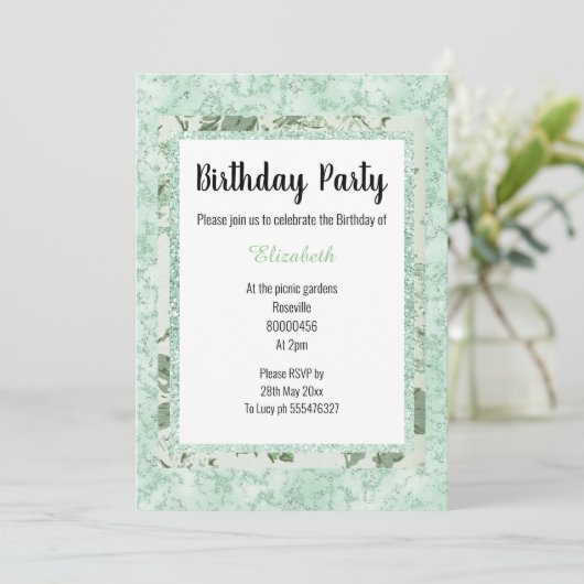 Invitation Marbre vert Mint Parties scintillant Florale Anniv (Debout devant)
