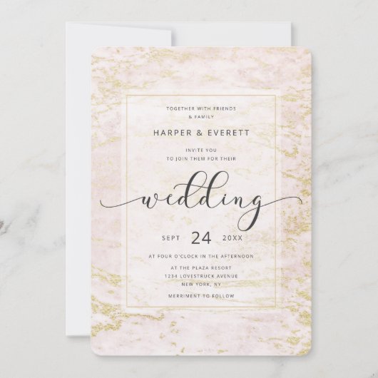 Invitation Marbres modernes en Blush avec Mariage Gold Foil (Devant)