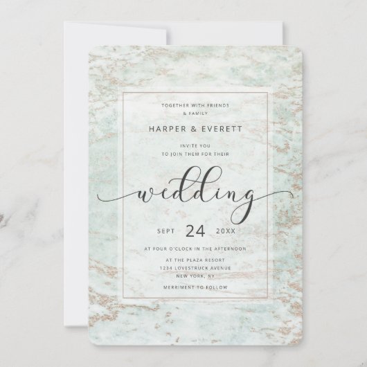 Invitation Marbres modernes en Mint avec Mariage or Rose (Devant)