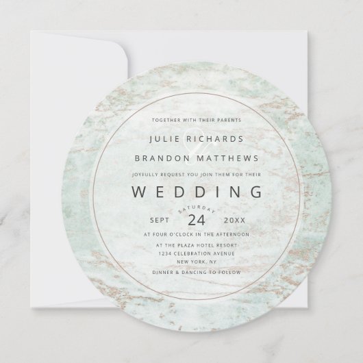 Invitation Marbres modernes en Mint Rose Gold Cercle Mariage (Devant)