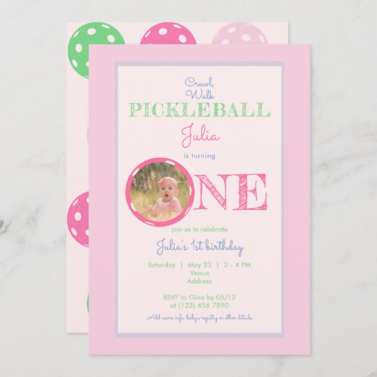 Invitation Marche à pied Pickleball Thème Monnaie rose 1er an (Devant / Derrière)