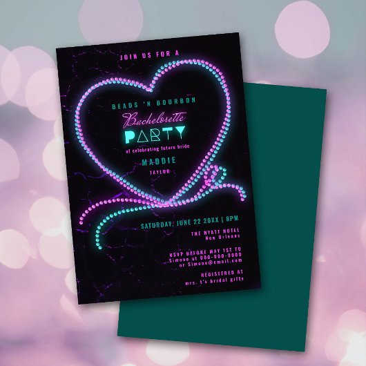 Invitation Mardi Beads Bourbon Neon Heart Bachelorette