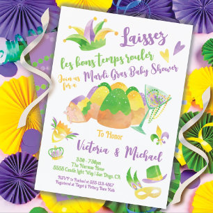 Invitation Mardi Gras Baby shower aquarelle King Cake