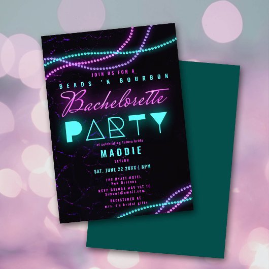 Invitation Mardi Gras Beads Bourbon Neon Bachelorette