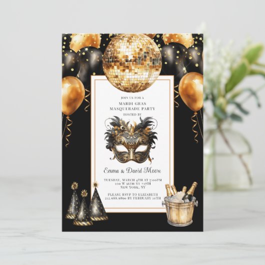 Invitation Mardi Gras Black Gold Glitter (Debout devant)