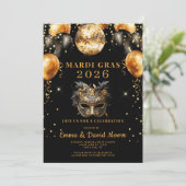 Invitation Mardi Gras Black Gold Glitter Masquerade Party (Debout devant)
