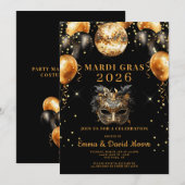 Invitation Mardi Gras Black Gold Glitter Masquerade Party (Devant / Derrière)