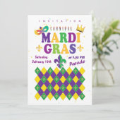 Invitation Mardi Gras Carnaval Fleur de Lis Diamant Arlequin (Debout devant)