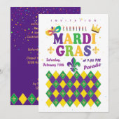 Invitation Mardi Gras Carnaval Fleur de Lis Diamant Arlequin (Devant / Derrière)