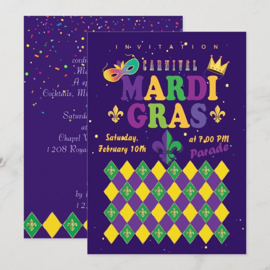 Invitation Mardi Gras Carnaval Fleur de Lis Diamant Arlequin (Devant / Derrière)