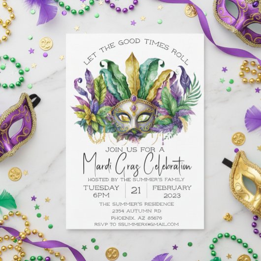 Invitation Mardi Gras Célébration de l'aquarelle Masque