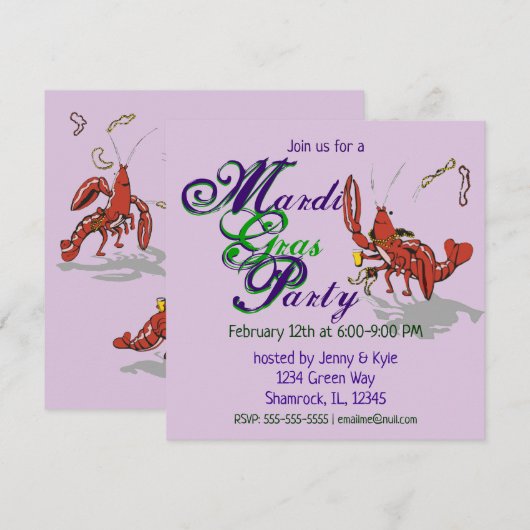 Invitation Mardi Gras Crawdad (Devant / Derrière)