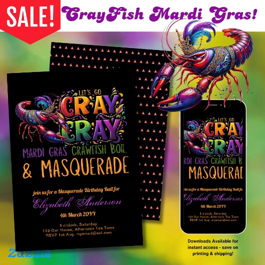 Invitation Mardi Gras Crawfish Boil Masquerade Lets Cray Cray