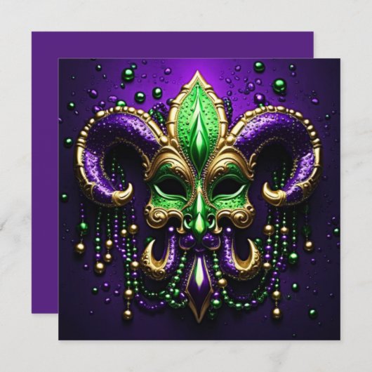 Invitation Mardi Gras Fleur De Lis Design (Devant / Derrière)