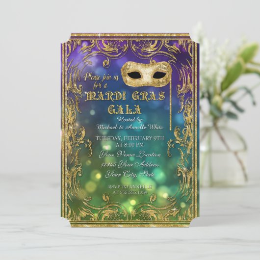 Invitation Mardi Gras Gala Masquerade Masque Bokeh Parties sc (Debout devant)