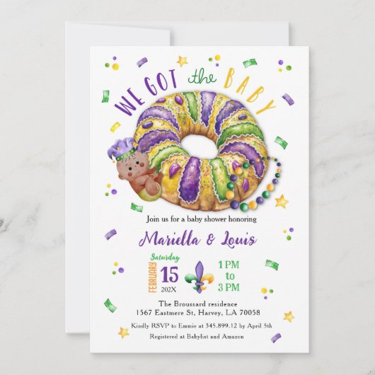 Invitation Mardi Gras Gender Reveal King Cake  (Devant)