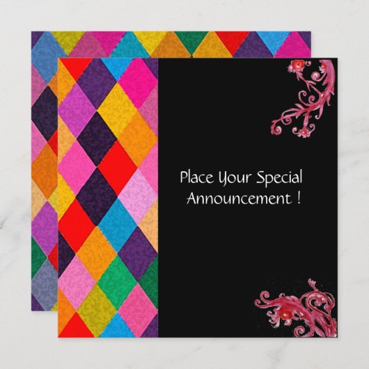 Invitation MARDI GRAS HARLEQUIN MOTIF coloré Rhombi (Devant / Derrière)