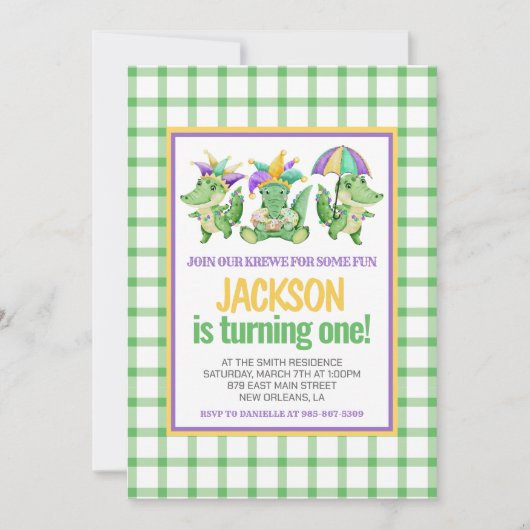 Invitation Mardi Gras Krewe Cute Gator Premier anniversaire (Devant)