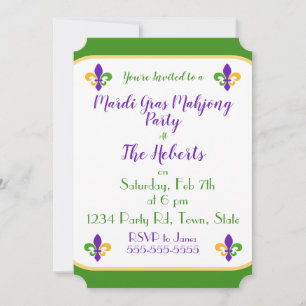 Invitation Mardi Gras MAHJONG Vert Or Violet Fleur de Lis