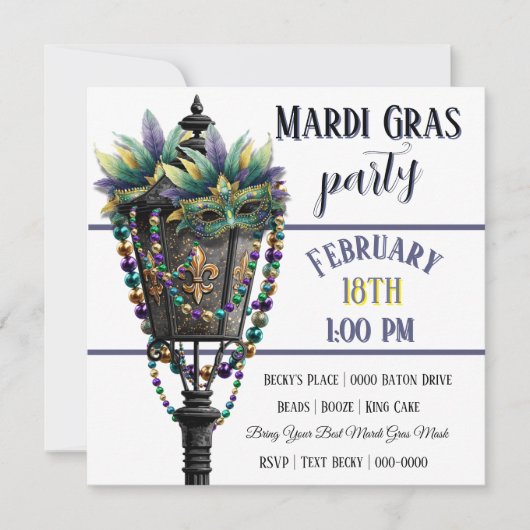 Invitation Mardi Gras Mask and Gas Lamp with Beads (Devant)