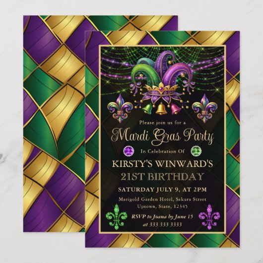 Invitation Mardi Gras Masquerade 21e anniversaire (Devant / Derrière)