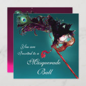 Invitation MARDI GRAS MASQUERADE BALL MASQUE bleu rose fuchsi (Devant / Derrière)