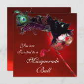 Invitation MARDI GRAS MASQUERADE BALL rouge noir bleu (Devant / Derrière)