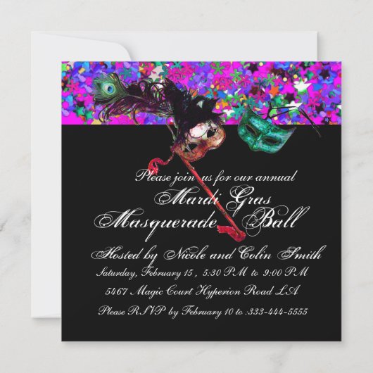 INVITATION MARDI GRAS MASQUERADE & CONFETTI (Dos)