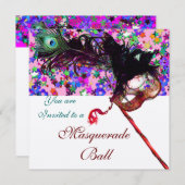 Invitation MARDI GRAS MASQUERADE & CONFETTI blanc rose argent (Devant / Derrière)
