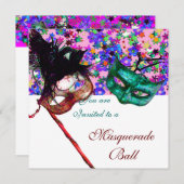 Invitation MARDI GRAS MASQUERADE & CONFETTI blanc rose bleu (Devant / Derrière)