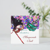 Invitation MARDI GRAS MASQUERADE & CONFETTI blanc rose bleu (Debout devant)