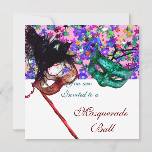 Invitation MARDI GRAS MASQUERADE & CONFETTI blanc rose bleu (Devant)